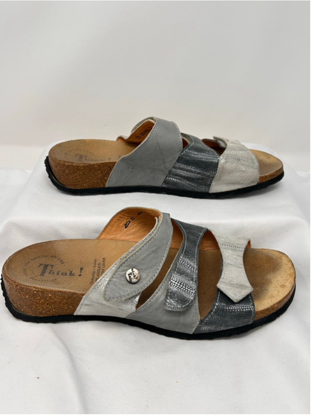 Think! Size 10 Women’s Leather Cork Slide Sandals Gray Silver Metallic